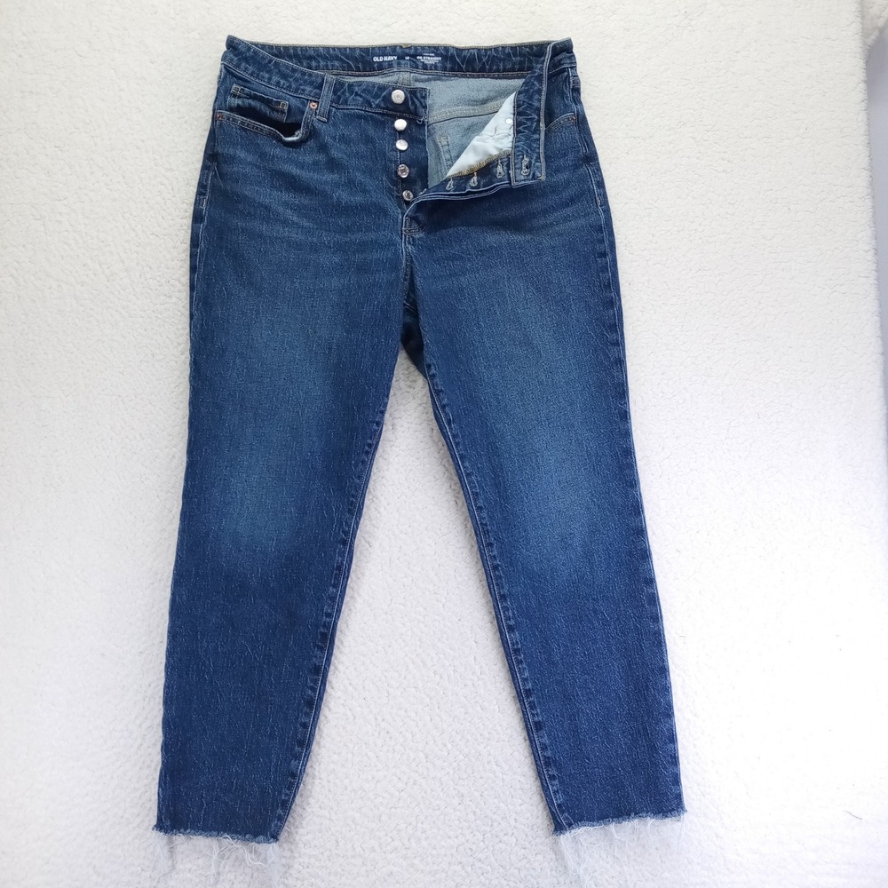 Old Navy OG Straight High Rise Button Fly Jeans Blue 14 Raw Hem Medium Wash